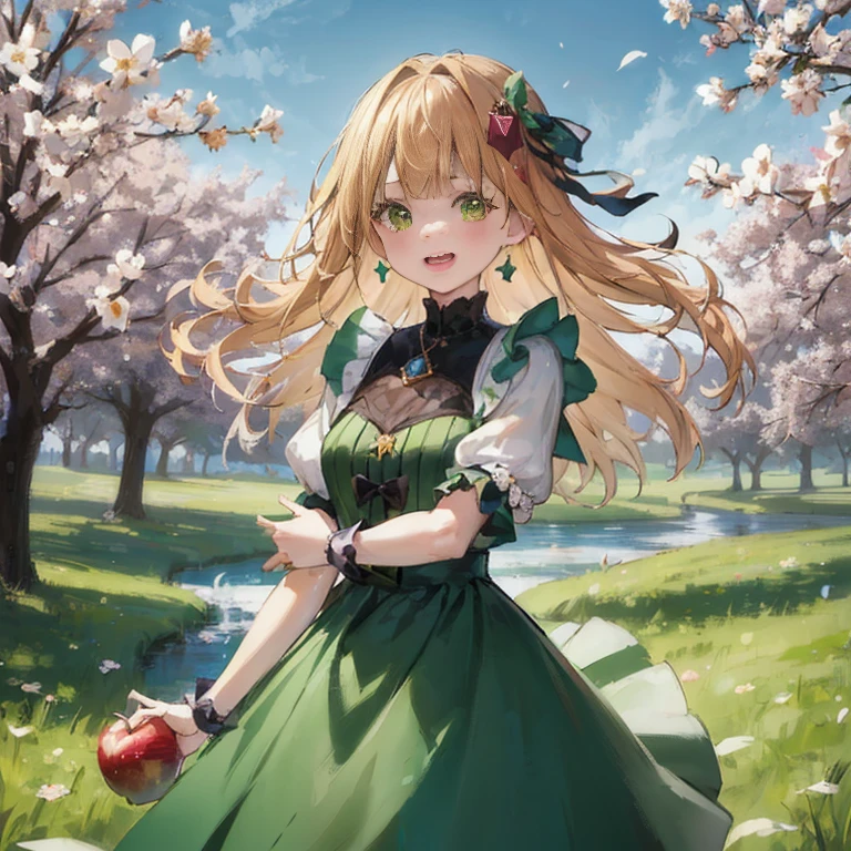 Anime girl in a green dress holding an apple in the park, render of april, official artwork, guweiz on pixiv artstation, Rin, Cute anime waifu in a nice dress, Official art, cushart krenz key art feminine, Trending on ArtStation pixiv, splash art anime loli, loli in dress