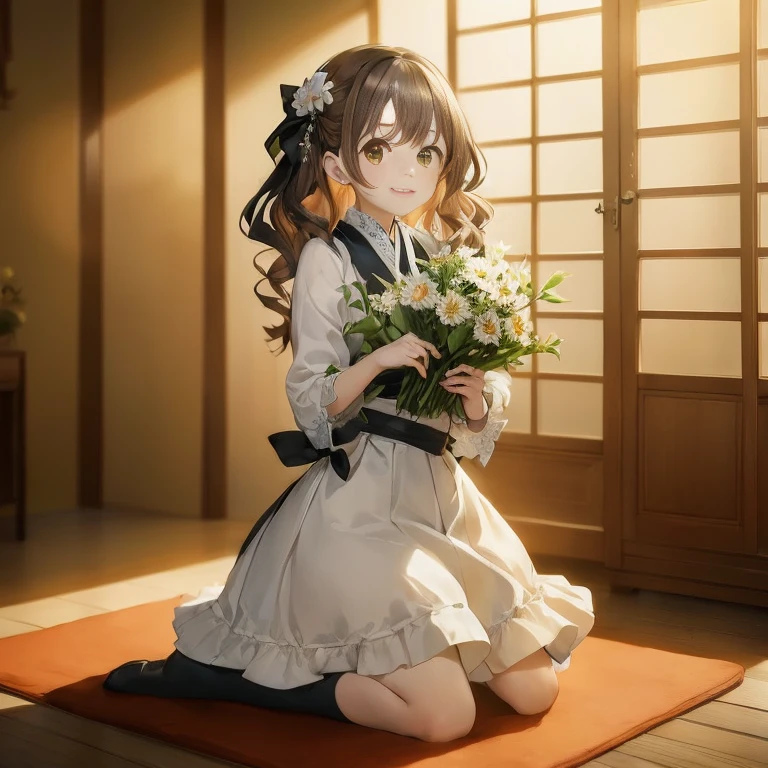 Anime girl sitting on the floor with a bouquet of flowers, anime girls in maid costumes, Cute anime waifu in a nice dress, anime moe art style, Anime visuals of cute girls, loli in dress, Smooth Anime CG Art, marin kitagawa fanart, Rin, makoto shinka, with flowers, By Shinkai Makoto. a digital rendering