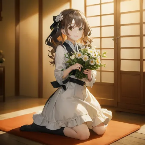 anime girl sitting on the floor with a bouquet of flowers, anime girls in maid costumes, cute anime waifu in a nice dress, anime...