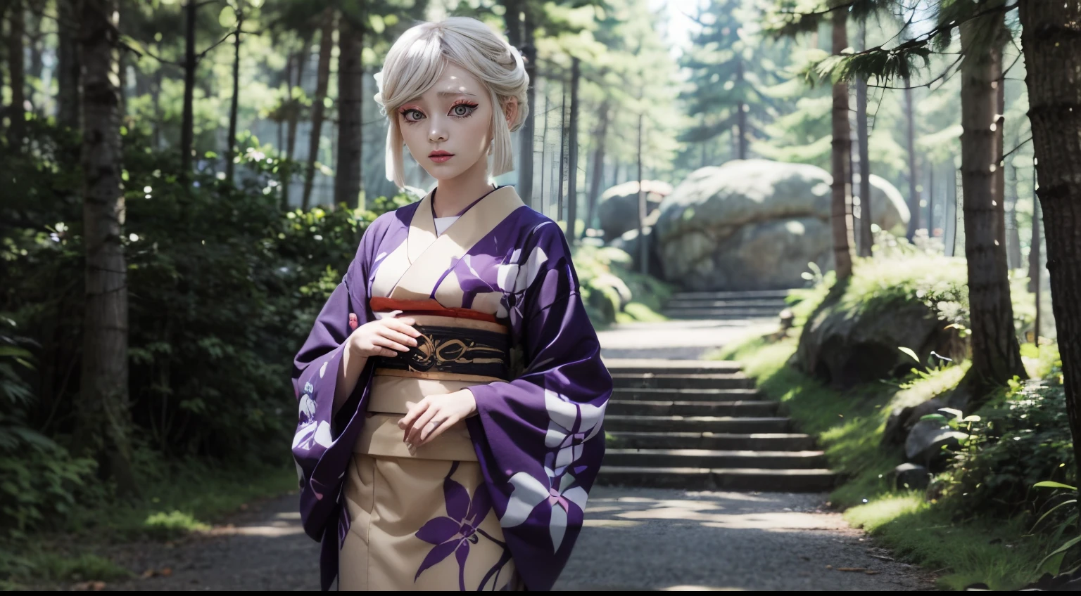 outdoor,forest,high quality,Masterpeace,Amane_Ubuyashiki, 1girl, solo,white hair,kimono,makeup, obi, sandals, red lips, long sleeves, wide sleeves, beige kimono, purple eyes,asymmetrical hair