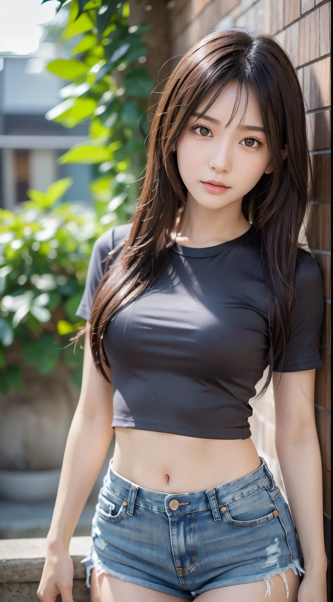 Japan Girl,beautiful girlfriend,a beauty,Raw foto,8K,morning sun lighting,Gray T-shirt and jeans miniskirt,Smooth long hair,A dark-haired,A detailed face,Detailed skin,Detailed eyes,(Slim body:1.3), girl in,About 23 years old,