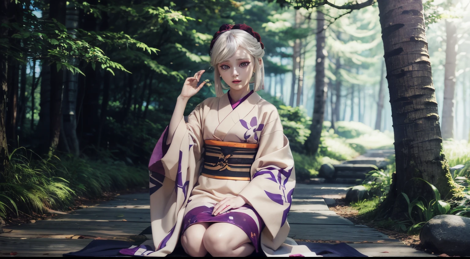 outdoor,forest,high quality,Masterpeace,Amane_Ubuyashiki, 1girl, solo,white hair,kimono,makeup, obi, sandals, red lips, long sleeves, wide sleeves, beige kimono, purple eyes,asymmetrical hair, upper body, detailed face, detailed eyes