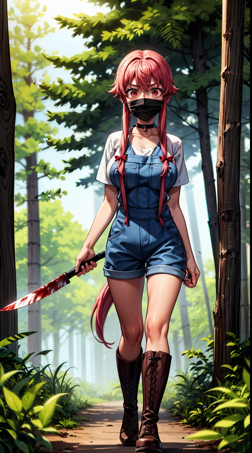 explicit, beautiful, amazing, high quality, detailed background, a woman with large breast in a woods, 1girl, breasts , , , pink hair, large breasts, twintails, long hair, solo focus, mirai nikki, black choker, dark grey overalls, leather gloves, black boots, ((face mask)), red eyes, chasing you through the woods, ((nigth)), crazy, ((crazy eyes)), ((crazy stare)) holding a bloody knife, (fanart of Gasai Yuno), (angry eyes:1.1), (perfect hands:1.4), (masterpiece), best quality, expressive eyes, VHS, ((nigth)), (Parfect Hand:1.3), 4k, 8k, 1980s, from below, (standing over you), wearing a jacket, (Blood:1.1)