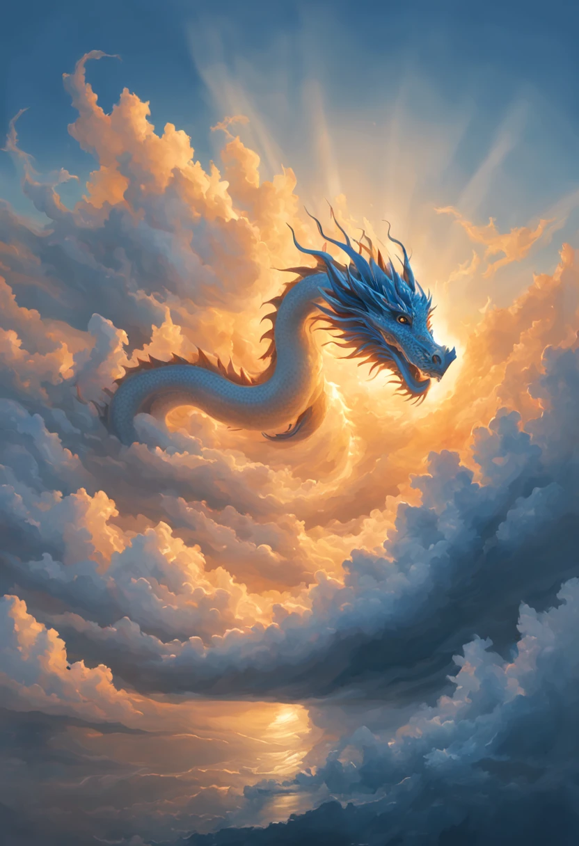 nuage,nuage en forme de dragon,illuminé par les rayons du soleil couchant ,l&#39;océan en arrière-plan,atmosphère brumeuse,Éclairage à l&#39;antenne,Nuages minces,lignes douces,nuances de bleu clair et de blanc,scène calme et majestueuse,Des détails époustouflants,Interprétation artistique,Style pictural,chef-d&#39;œuvre:1.2