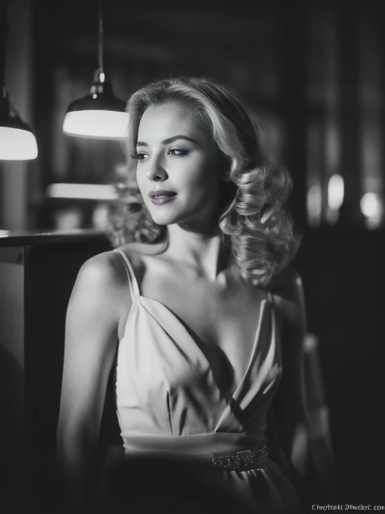 NoirStyle retro, cinematic, high contrast, spot light, dark shot, front shot, ((half body ))photo of a 25 y.o european blonde woman wearing elegant luxury sparkling black dress with ((jewels)), she is the lover of a 1940s mobster, ((sitting in a bar)), perfect eyes, natural skin, skin moles, ((endless long extra long blonde curly hair))), film noir style, black and white filter, ((monochrome tones)), heavy shadows, contrast lighting, ((soft light beam on her eyes: 1.32)), best smile, angelic flawless face,point of view variations, dynamic composition, cinematic shot, cinematic lighting,heavy shadows, soft backlight on hair, Nuclear Film Noir 40s movies film still, film grains,foggy atmosphere, bokeh