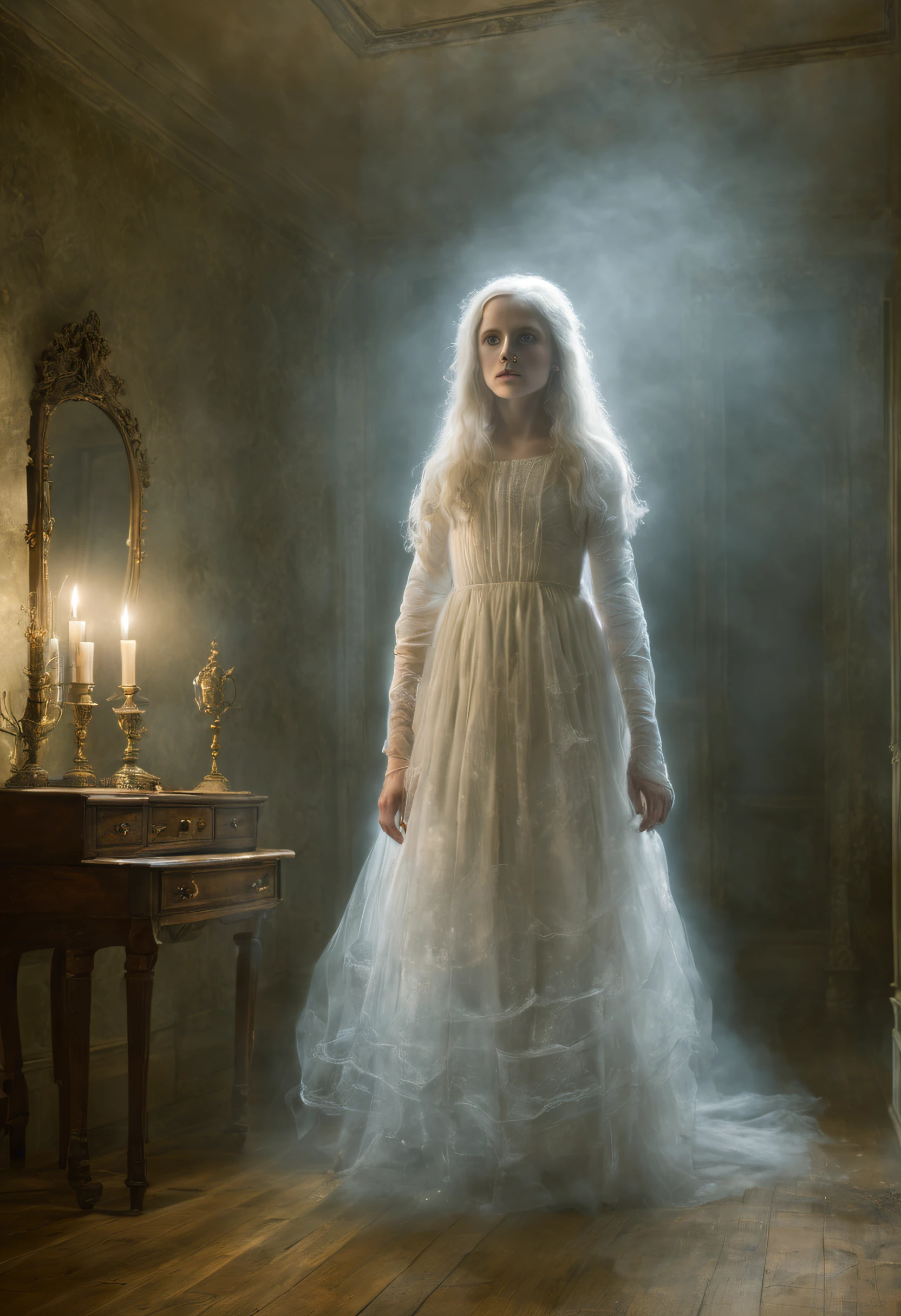 A girl staring in awe at the glowing, ethereal figure of Casper's ghost, which is hovering in the center of a dark, mysterious room. The ghost is illuminated by a soft, otherworldly light and emanates a sense of both playfulness and wonder. The room itself is adorned with antique furniture and ornate decorations, adding to the overall eerie atmosphere. The walls are lined with faded, peeling wallpaper, giving a sense of history and age. The girl is dressed in a flowing, white gown and her eyes are filled with curiosity and a hint of fear. She stands near a cracked mirror, reflecting the ghostly figure, and delicate dust particles float in the air, creating an almost magical ambiance. The scene is rendered in high resolution, capturing every intricate detail and texture, from the delicate lace on the girl's dress to the subtle variations in the ghost's ethereal form. The overall color palette is muted, with deep blues and purples dominating the room, creating a sense of mystery and intrigue. The lighting is dim, with soft, diffused light casting long, haunting shadows across the room. The prompt aims to evoke a sense of fantasy and wonder, capturing the essence of Casper's ghost in a dark, enchanting setting.