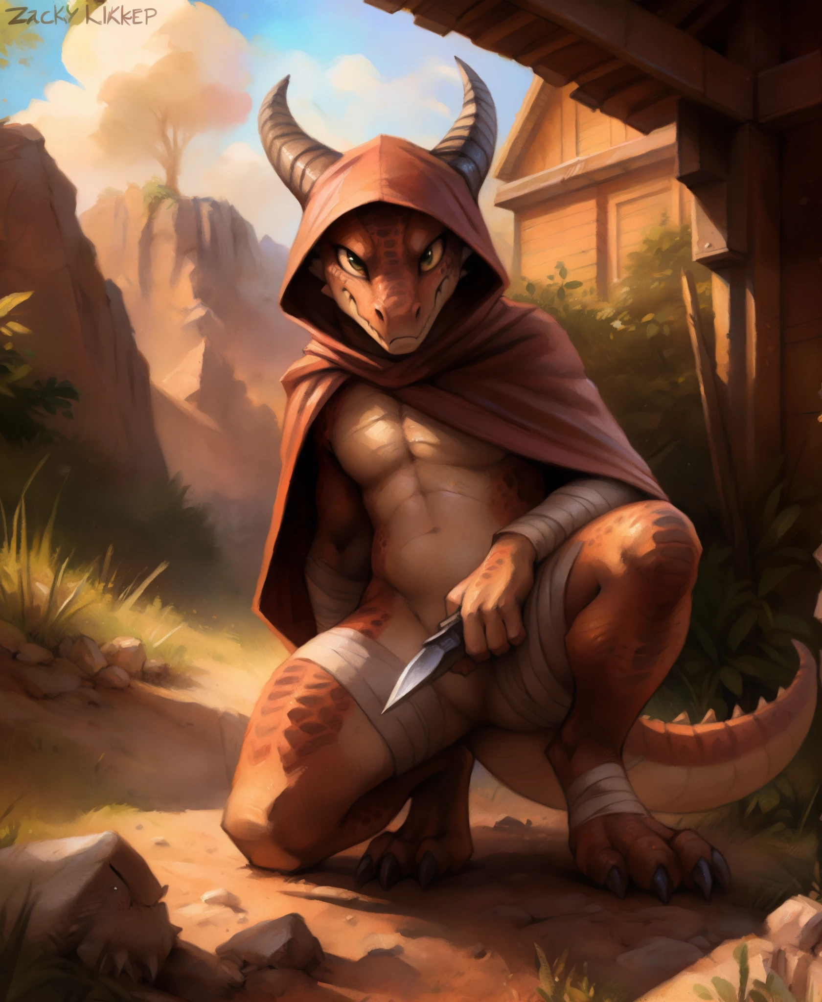 (((by Zackary911, by Kenket, by Kilinah))), solo male, bright orange skin, orange scales, (((Kobold)), (detailed kobold)) wearing a red cloak with a hood, green gem on the collar, bandaged thighs and bandaged chest, muscular toned, squirrel ears, kobold tail, messy hair, front view, looking at the observer with an embarrassed smile, blush, holding a dagger, perspective, finely detailed paws,