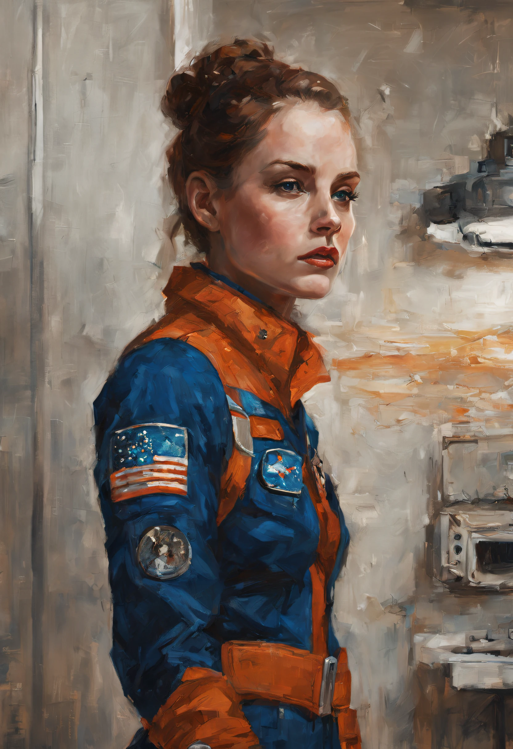 (((Oil Painting))), Woman 25 Beautiful Astronaut 1950, Deep Blue Eyes, Orange Clothing, Metallic White Details, Cinematic, Photo Shoot, Half-Lit, Backlit, Dramatic Lighting, Incandescent, Soft Lighting, Insanely Detailed and Intricate , Hypermaximalist, Art not Gouweiz style, Elegant pose, dynamic, photographic, 3D, ultra detailed, Intricate details, Super detailed Gouweiz masterpiece, Futuristic environment