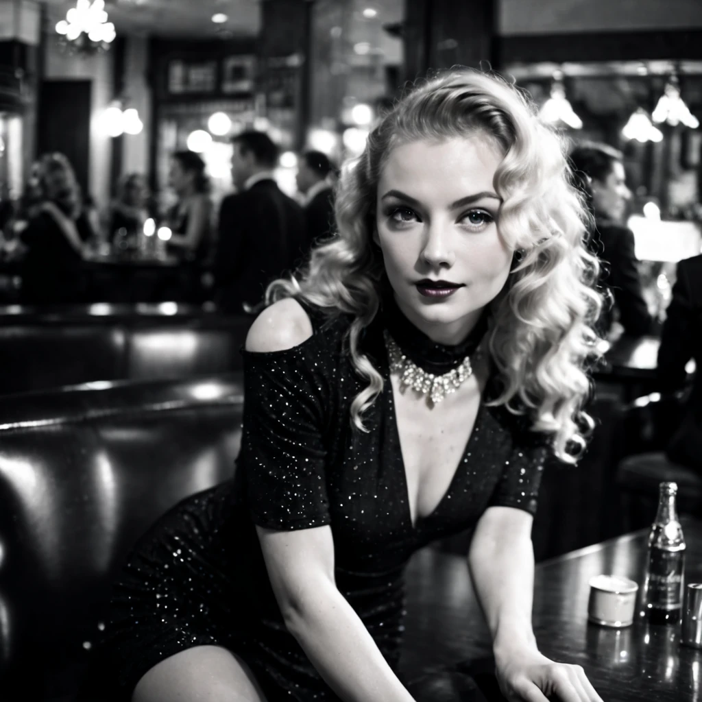 (nklnor), dark shot, front shot, cinematic, ((half body ))photo of a 25 y.o european blonde woman wearing elegant ((luxury sparkling black dress: 1.8)) with ((silver jewels: 1.6)), she is the lover of a 1940s mobster, ((sitting in a bar with drinks)), perfect eyes, looks at viewer, flirting with the viewer, natural skin, (skin pores:0.6) (skin moles), ((endless long extra long blonde curly hair: 1.32))), (photographed in film noir style), black and white filter, ((monochrome tones)), heavy shadows, contrast lighting, ((soft light beam on her eyes: 1.32)), best smile, angelic flawless face,point of view variations, dynamic composition, cinematic shot, cinematic lighting,heavy shadows, soft backlight on hair, Nuclear Film Noir 40s movies film still, film grains,foggy atmosphere, bokeh