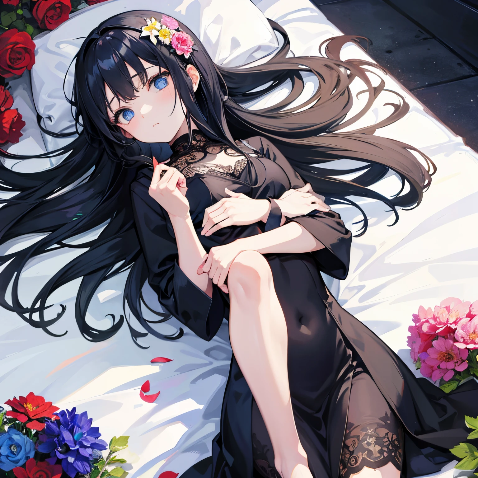 Chica anime acostada en una cama con flores y pétalos - SeaArt AI