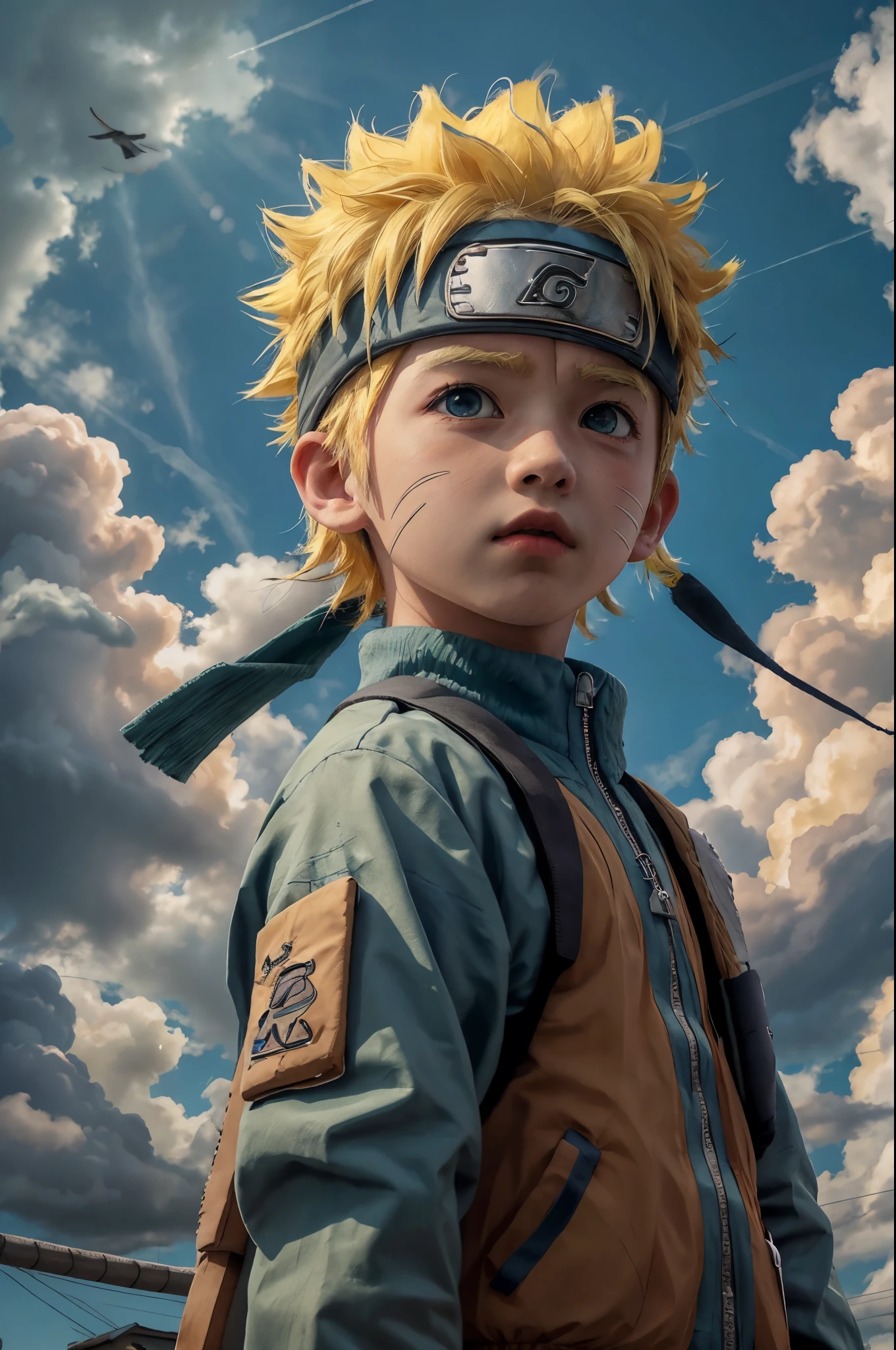 chibinaruto, 1boy, blonde hair, male focus, solo, sky, green eyes, cloud, day, whisker markings, bird, blue sky, male child, jacket, outdoors, upper body, cloudy sky