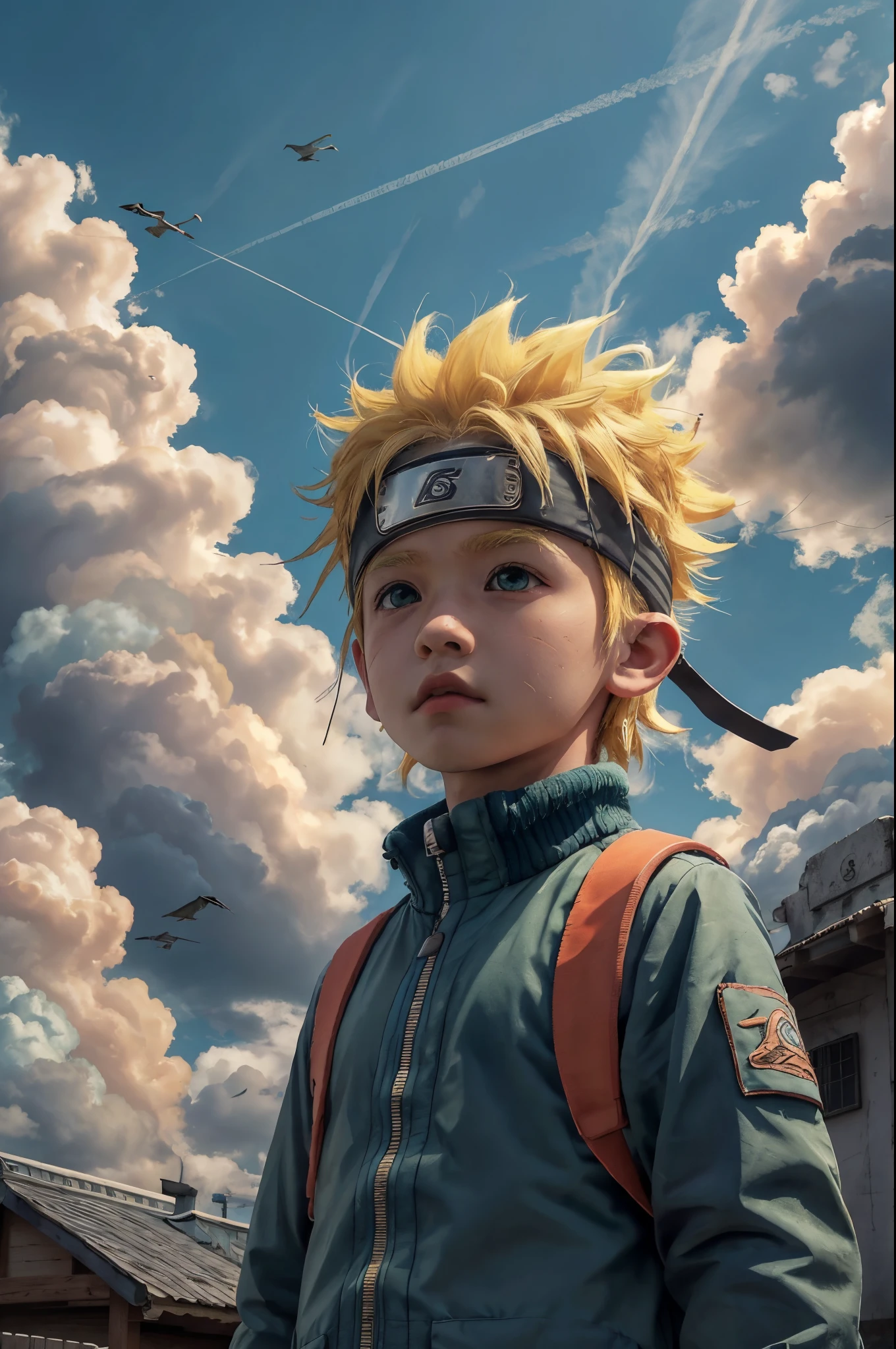 chibinaruto, 1 Junge, Blondes Haar, männlicher Fokus, Allein, Himmel, grüne Augen, Wolke, Tag, Schnurrhaarmarkierungen, bird, blue Himmel, männliches Kind, Jacke, draußen, Oberkörper, Wolkey Himmel