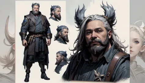 (masterpiece, best quality, highly detailed, highres:1.4), fat old man, fantasy, fighter, beard, no background, gray background, reference sheet, model sheet, simple background, (multiple views, [full body|from front|close-up|upper body|portrait]:1)