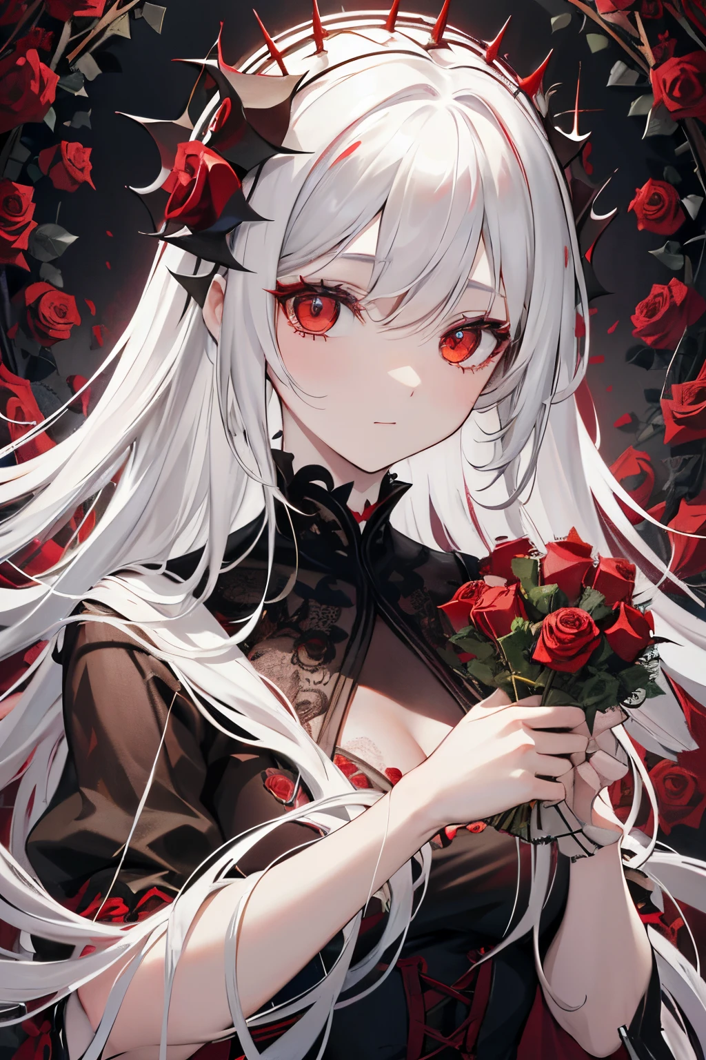 Pale painting style, one girl, long white shaggy, fluffy hair, long bangs between eyes, eyes slightly hidden by bangs, large pale red eyes, staring eyes, red eye shadow, long eyelashes, smile, doll-like white skin, (bright red roses and thorns tangled in hair:1.3), Black gothic dress, (beautiful black lace:1.3), dark background, (lots of red roses in bloom:1.5), super high quality, super detail, super detailed image, close-up of face,