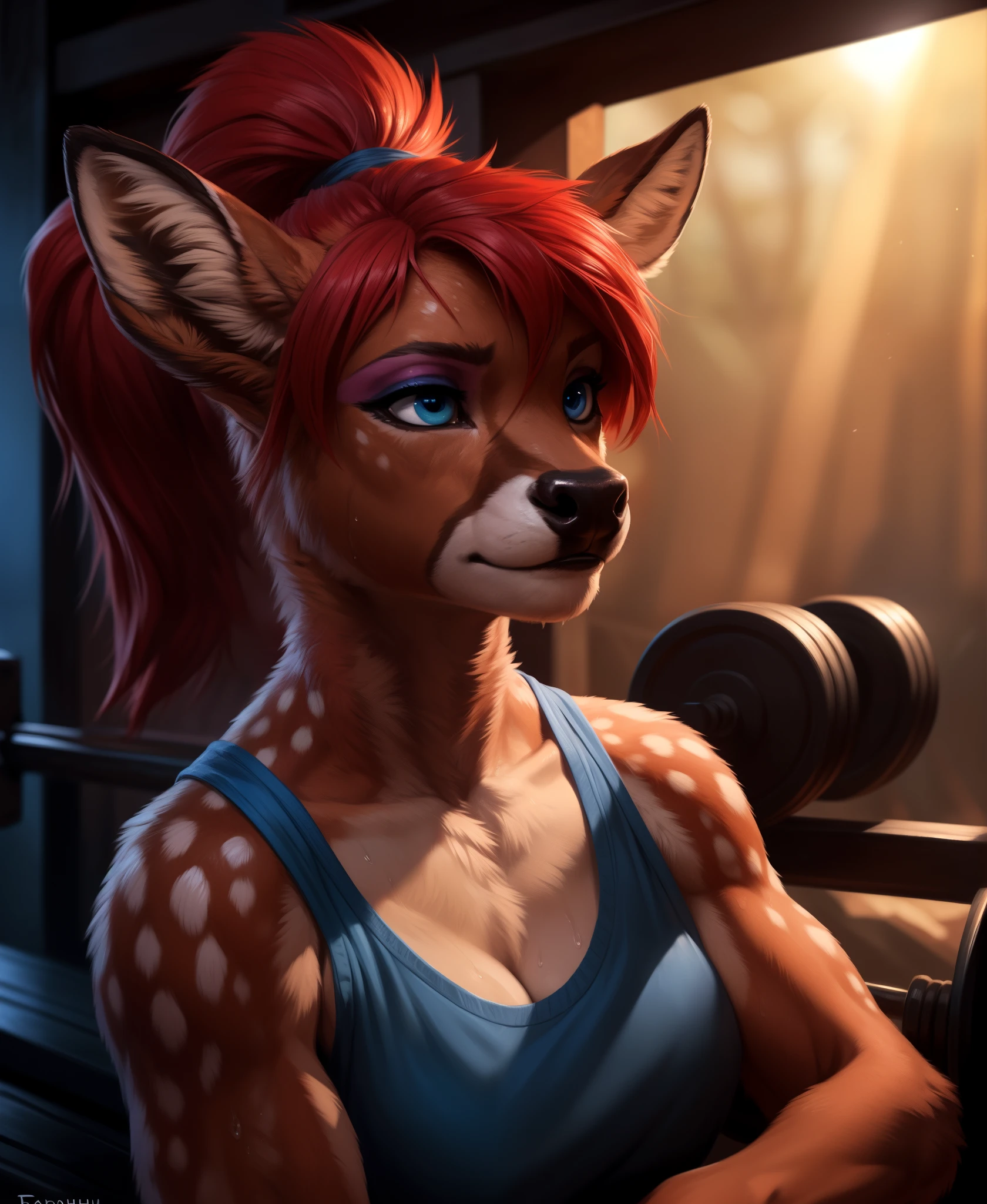 masterpiece, best quality, (hioshiru, tom bagshaw), female deer, anthro, workout, perfect eyes, long eyelashes, (deer), (sweaty face), (red hair, ponytail), brown fur, (makeup, eyeliner:1.1)BREAK (detailed background:1.3), (cinematic lighting), detailed ambient light, (detailed lighting), (ambient light on the body), , ((dark outlines)), [[by taran fiddler]], by dagasi, by Foxovh, (sharp focus), (masterpiece, 8k, 4k,raw photo, warm lighting, best quality, hi res, high resolution, high details, ultra realistic, absurd res