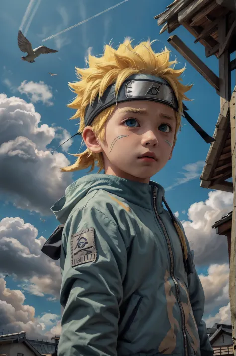 chibinaruto, 1boy, blonde hair, male focus, solo, sky, green eyes, cloud, day, whisker markings, bird, blue sky, male child, jac...