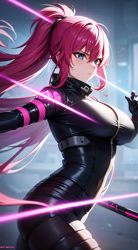 anime girl with pink hair and black bodysuit outfit in the rain, haruka saigusa, long hair, spy, stealth digital cyberpunk anime...