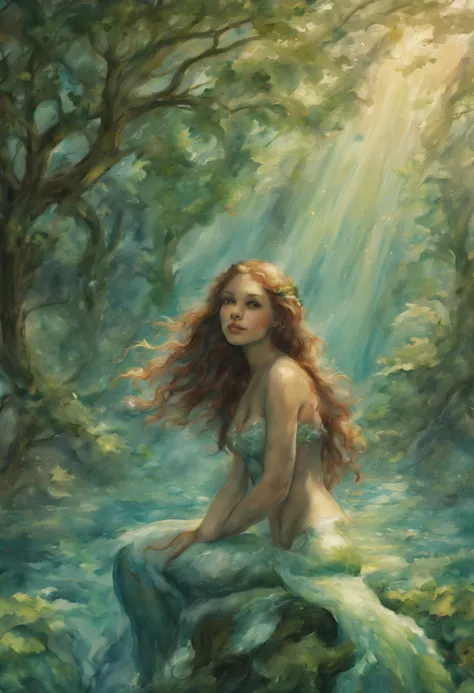 mermaid, watercolor, flowing hair, shimmering scales, enchanted, tranquil, lush greenery, ethereal, sunlight filtering through t...