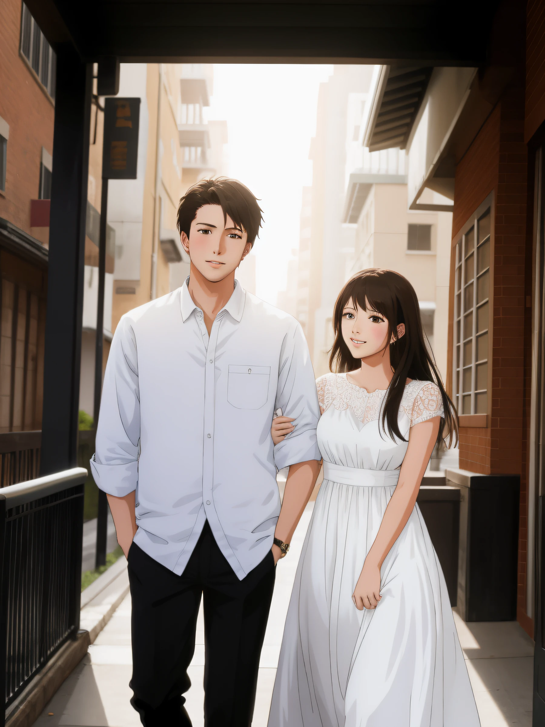Anime-Serie, junges Paar, gute Qualität, Hand in der Tasche, weißes Kleid, Frau steht Männern gegenüber, im Raum,