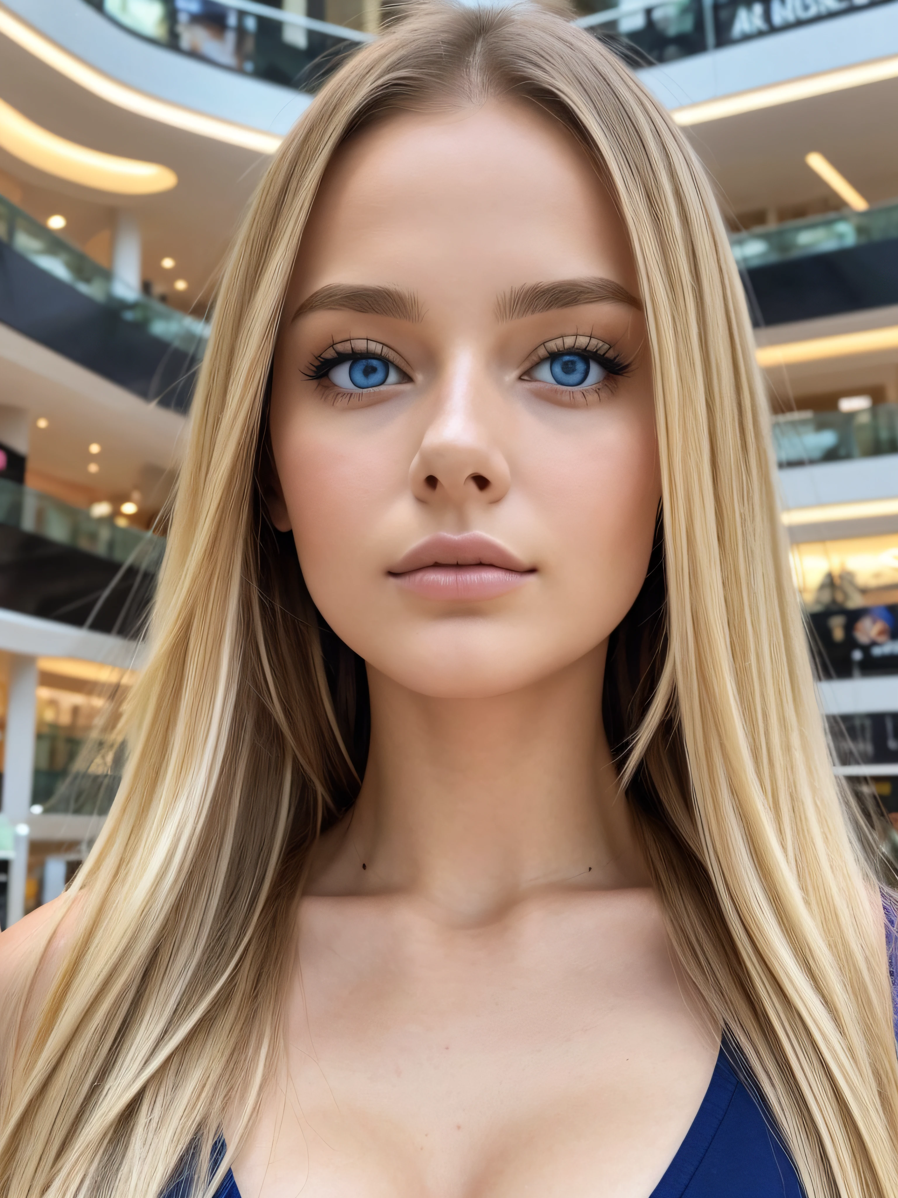 A woman with long blonde hair and blue eyes posing for a picture - SeaArt AI