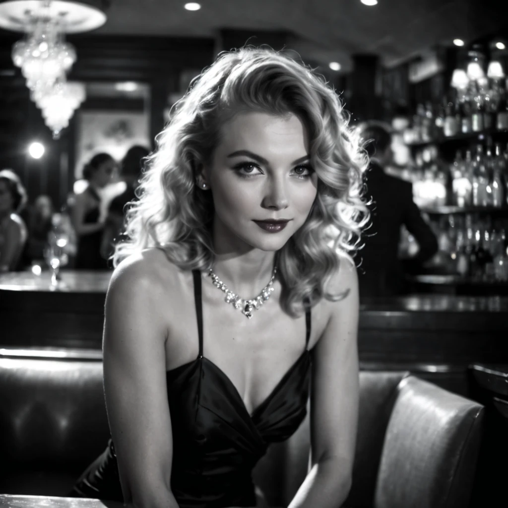 (nklnor), dark shot, front shot, cinematic, ((half body ))photo of a 25 y.o european blonde woman wearing elegant ((luxury sparkling black dress: 1.8)) with ((silver jewels: 1.6)), flawless angelic face, ((sitting in a bar with drinks)), perfect eyes, ((soft light beam on her eyes: 1.2)), natural skin, (skin pores:0.6) (skin moles), ((endless long extra long blonde curly hair: 1.32))), (photographed in film noir style), (((black and white filter)))), ((monochrome tones)), heavy shadows, contrast lighting, best smile,point of view variations, dynamic composition, cinematic shot, cinematic lighting,heavy shadows, soft backlight on hair, Nuclear Film Noir 40s movies film still, film grains,foggy atmosphere, bokeh