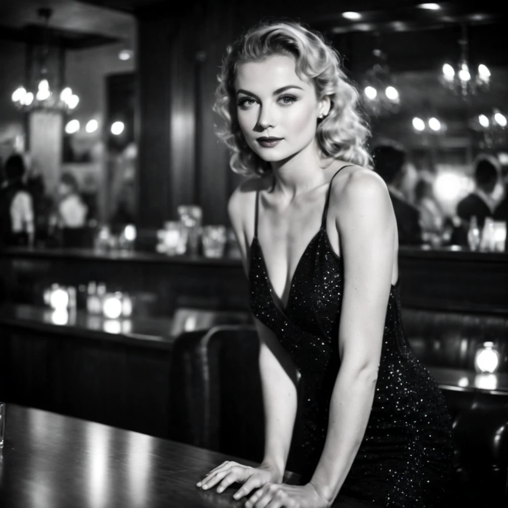 (nklnor), dark shot, front shot, cinematic, ((half body ))photo of a 25 y.o european blonde woman wearing elegant ((luxury sparkling black dress: 1.8)) with ((silver jewels: 1.6)), flawless angelic face, ((sitting in a bar with drinks)), perfect eyes, ((soft light beam on her eyes: 1.2)), natural skin, (skin pores:0.6) (skin moles), ((endless long extra long blonde curly hair: 1.32))), (photographed in film noir style), (((black and white filter)))), ((monochrome tones)), heavy shadows, contrast lighting, best smile,point of view variations, dynamic composition, cinematic shot, cinematic lighting,heavy shadows, soft backlight on hair, Nuclear Film Noir 40s movies film still, film grains,foggy atmosphere, bokeh