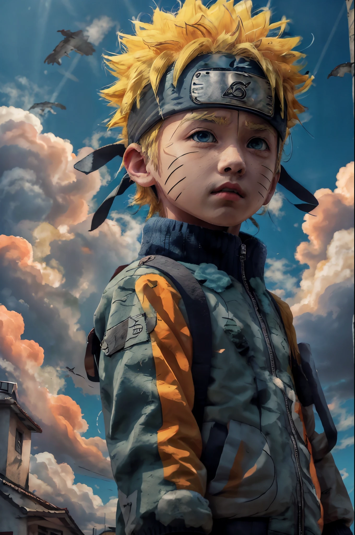 chibinaruto, 1boy, blonde hair, male focus, solo, sky, green eyes, cloud, day, whisker markings, bird, blue sky, male child, jacket, outdoors, upper body, cloudy sky