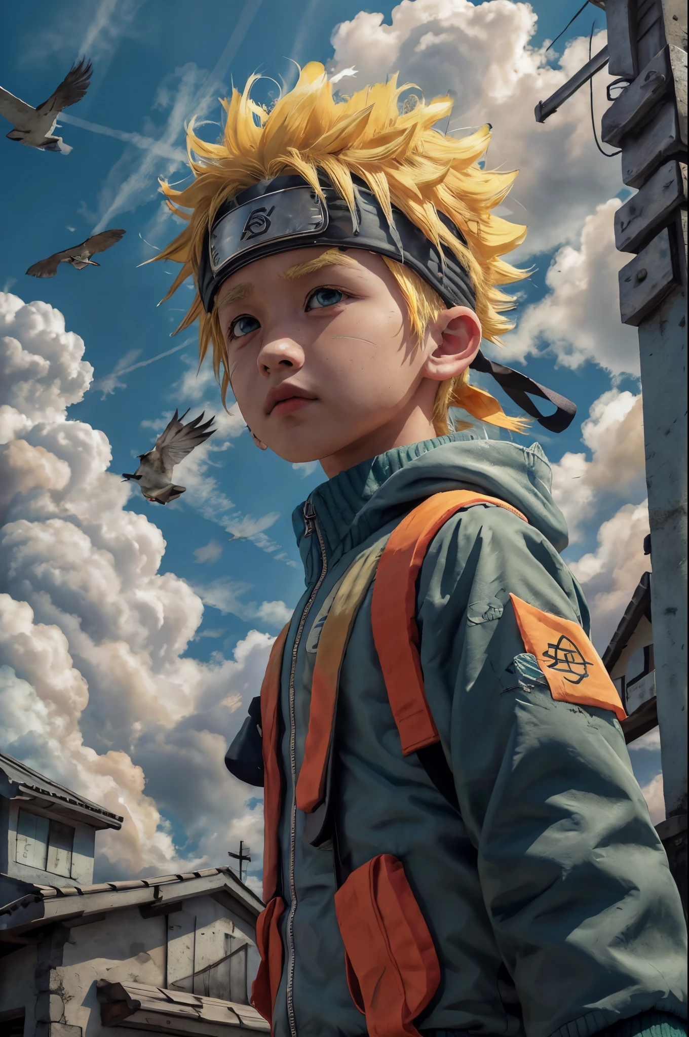 chibinaruto, 1boy, blonde hair, male focus, solo, sky, green eyes, cloud, day, whisker markings, bird, blue sky, male child, jacket, outdoors, upper body, cloudy sky