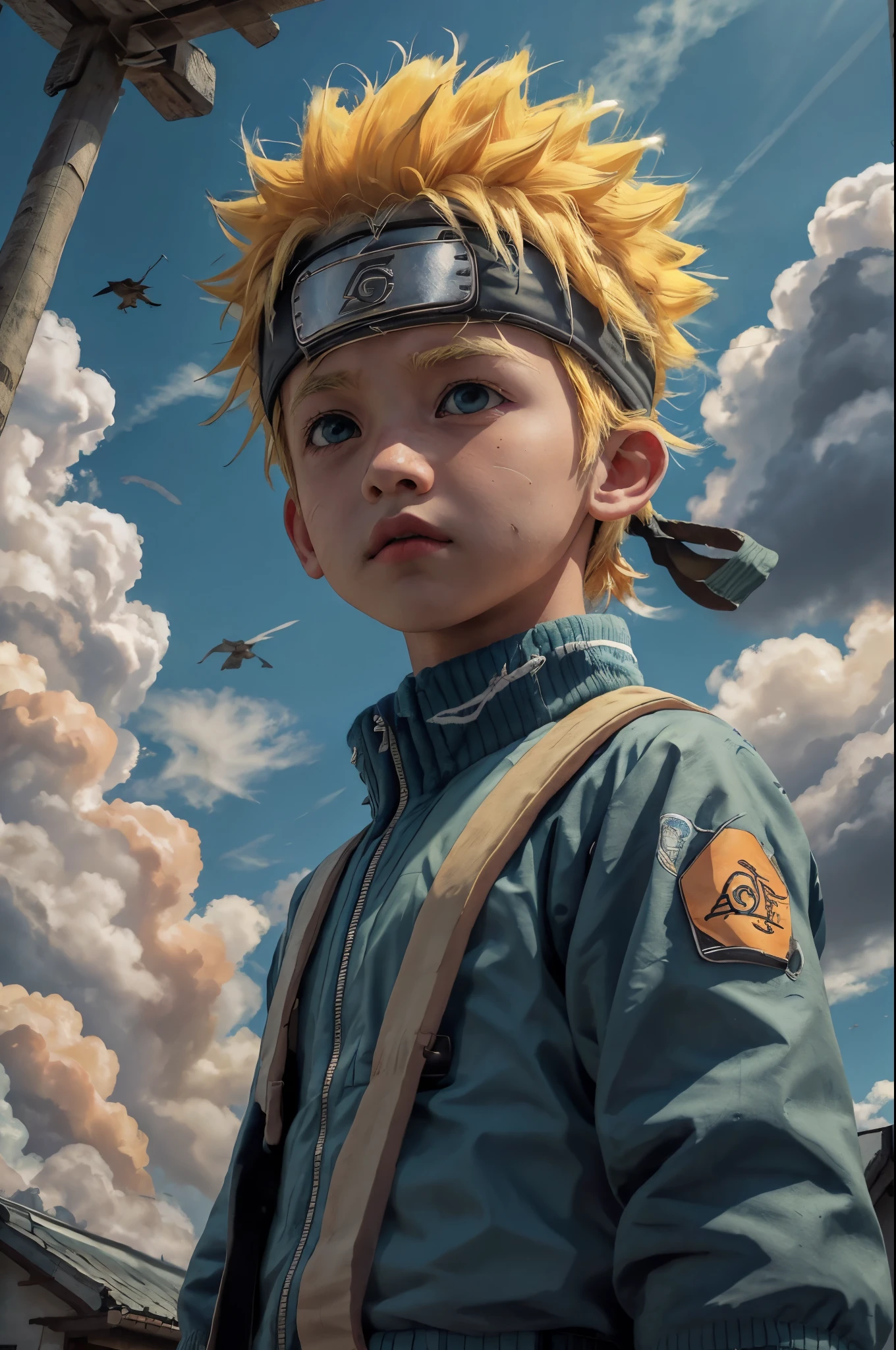 chibinaruto, 1boy, blonde hair, male focus, solo, sky, green eyes, cloud, day, whisker markings, bird, blue sky, male child, jacket, outdoors, upper body, cloudy sky