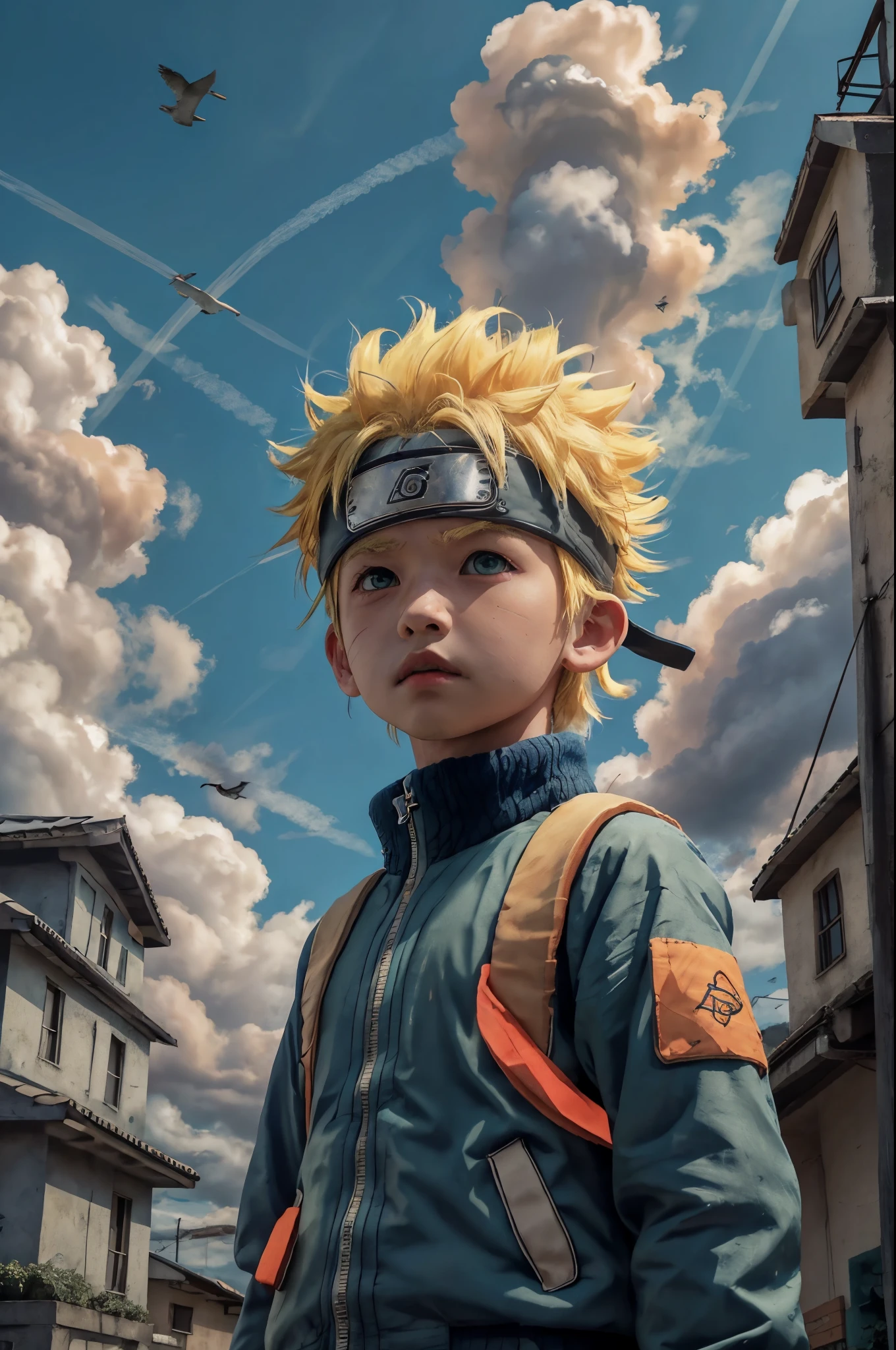 chibinaruto, 1boy, blonde hair, male focus, solo, sky, green eyes, cloud, day, whisker markings, bird, blue sky, male child, jacket, outdoors, upper body, cloudy sky