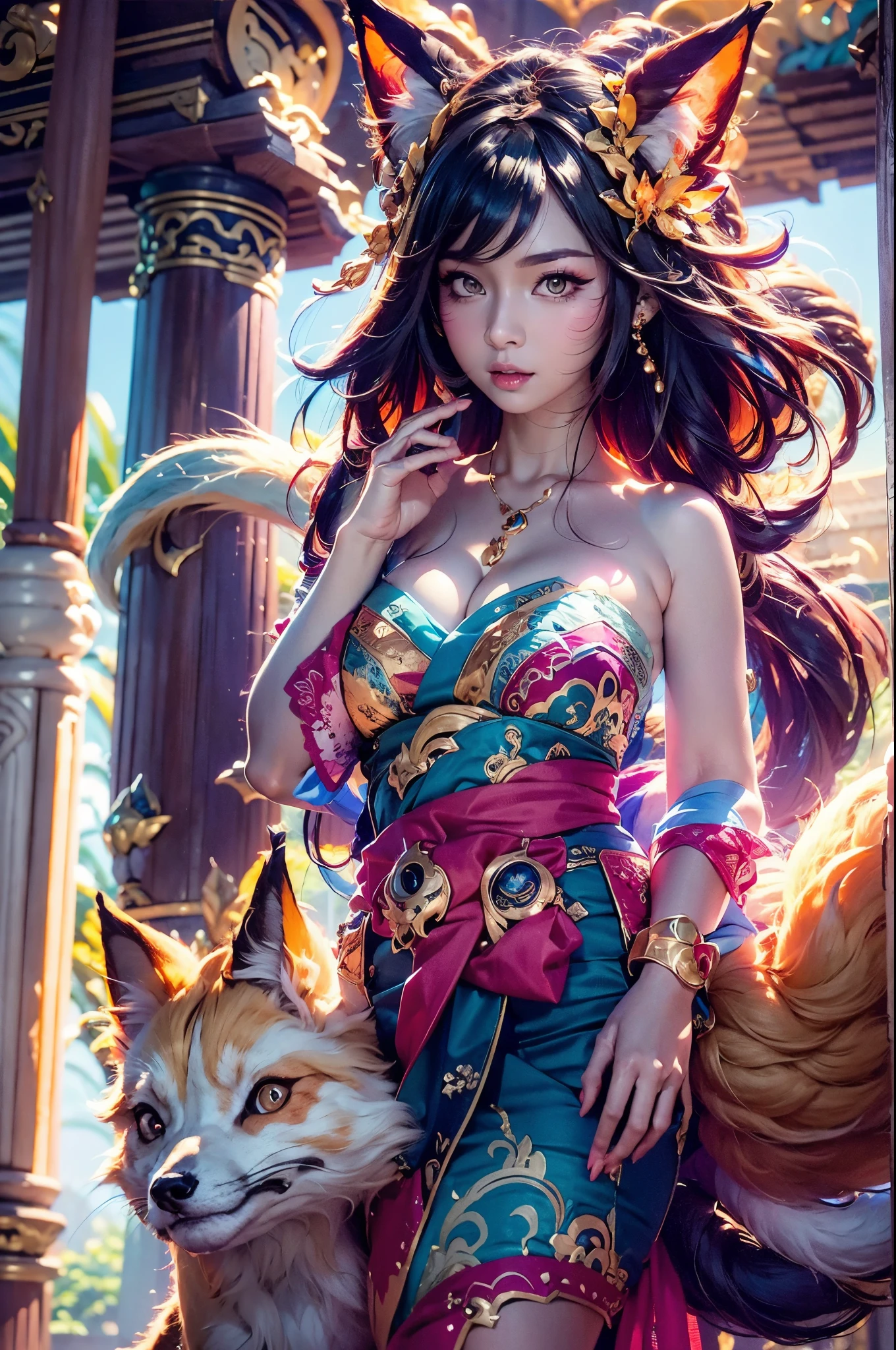 Meisterwerk, Konzeptkunst, Nahaufnahme, ahri \(League of Legends\), (Neunschwänziger Fuchs), Kebaya_Bali Blau, Niedlich, Stehen, (Porträt), Bali Tempel Hintergrund, epische Komposition, epischer Anteil, HD