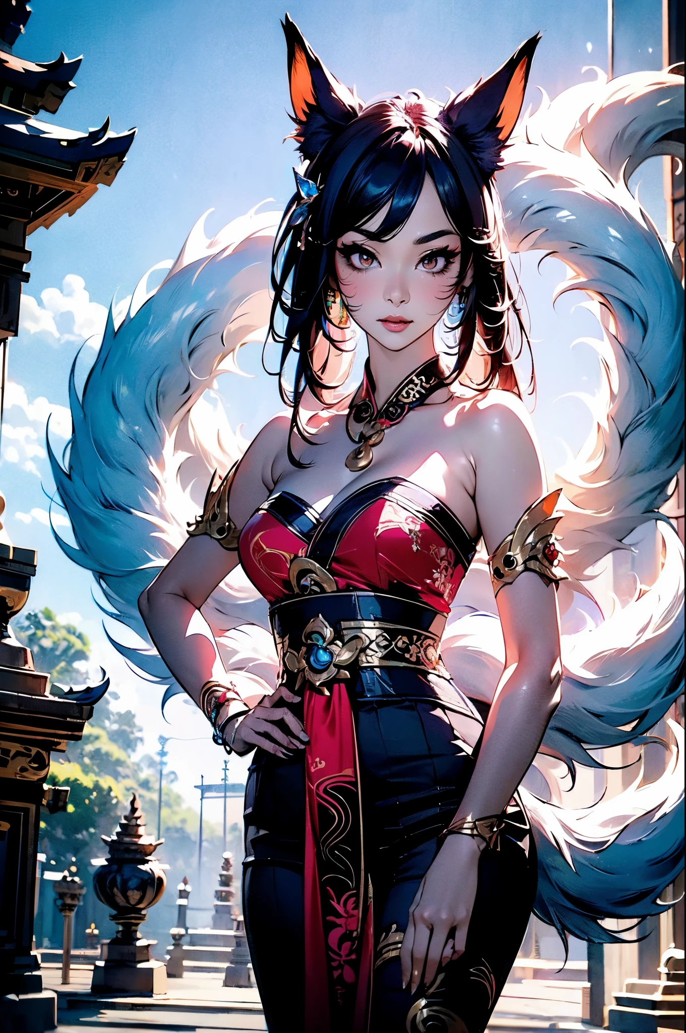 Meisterwerk, Konzeptkunst, Nahaufnahme, ahri \(League of Legends\), Neunschwänziger Fuchs, Kebaya_Bali Blau, Niedlich, Stehen, (Porträt), Bali Tempel Hintergrund, epische Komposition, epischer Anteil, HD