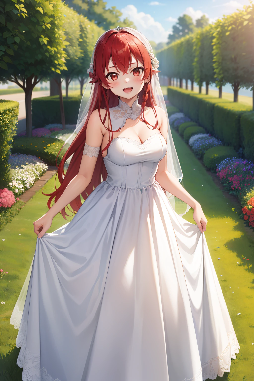 masterpiece, best quality, highres, aarurutie,1girl, wedding dress, white dress, standing, garden, smile, open mouth, long braid red hair, red eyes,