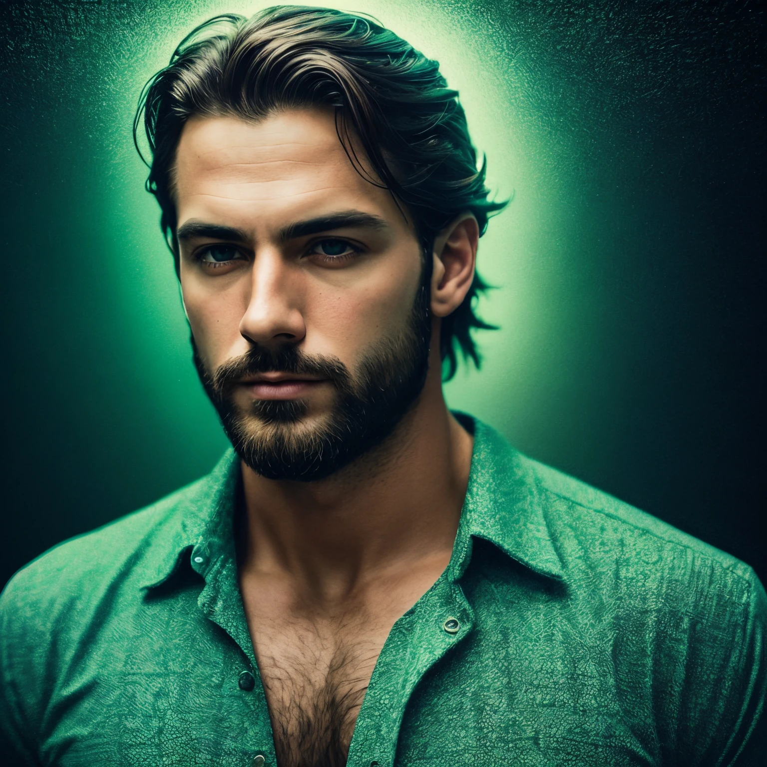 Insanely handsome man in the style of experimental photography, green, expanded portraiture, printed matter, uhd image, color light saturated, outdoor scene