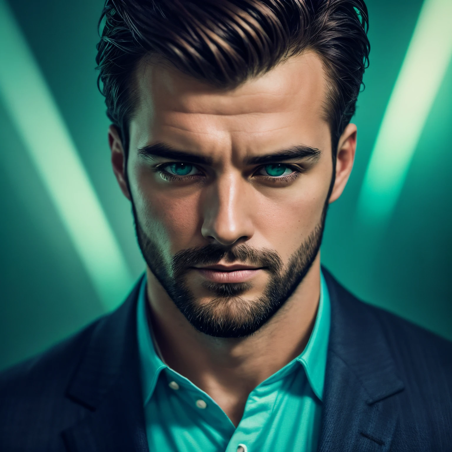 Homme incroyablement bel dans le style de la photographie expérimentale, vert, portrait agrandi, imprimé, euh image, couleur saturée de lumière, scène extérieure