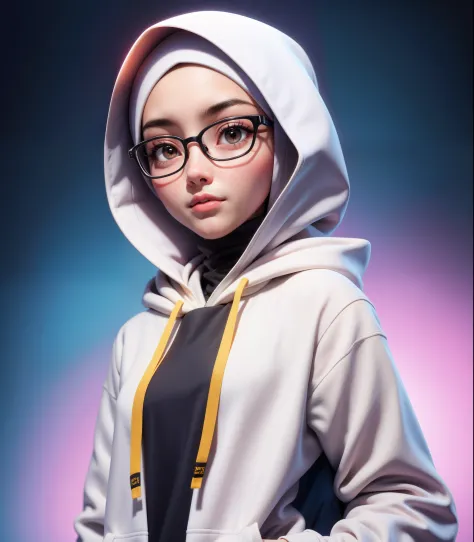 （tmasterpiece），（best qualtiy：1.0），（超高分辨率：1.0），A detailed illustration，8K，There is a woman hijab in glasses and white hoodie a lo...