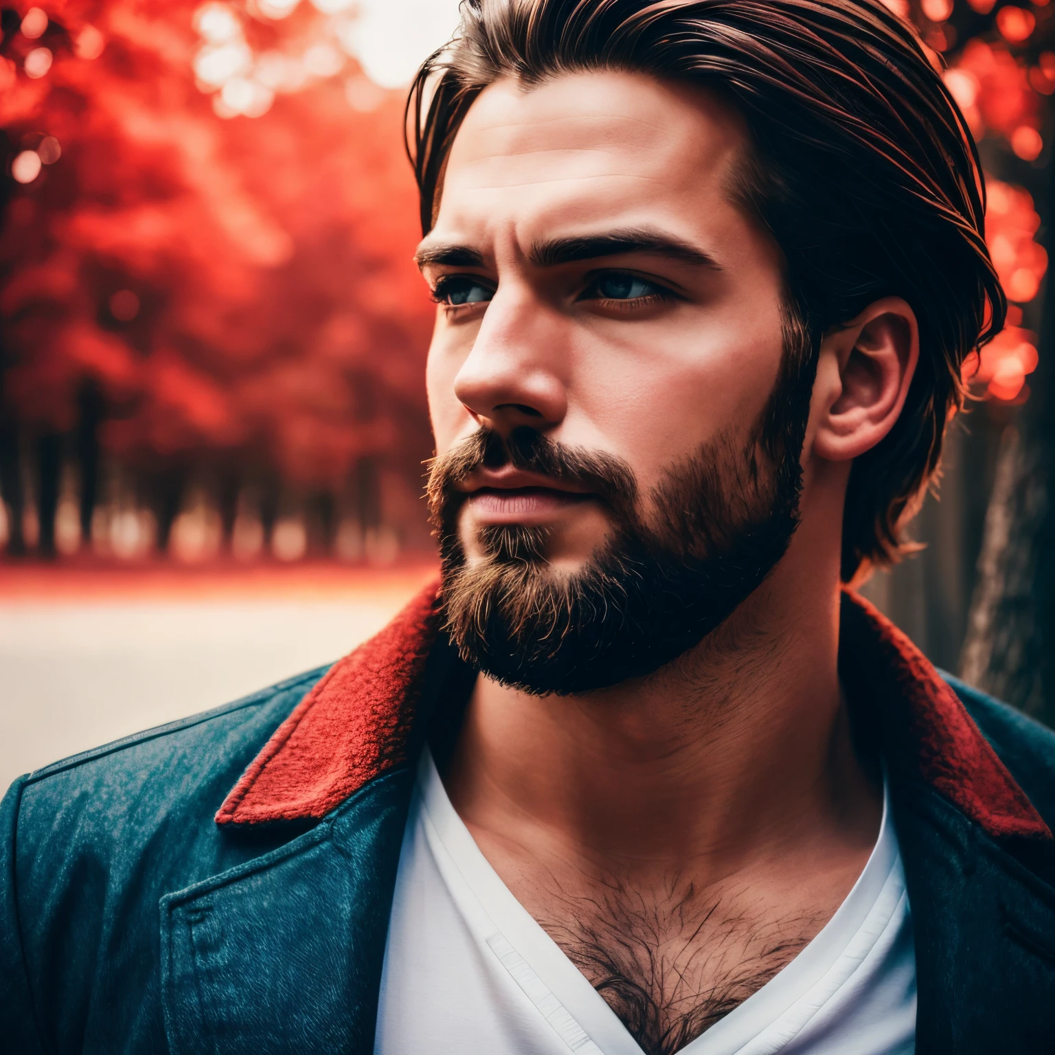 Insanely handsome man in the style of experimental photography, red, expanded portraiture, printed matter, uhd image, color light saturated, outdoor scene