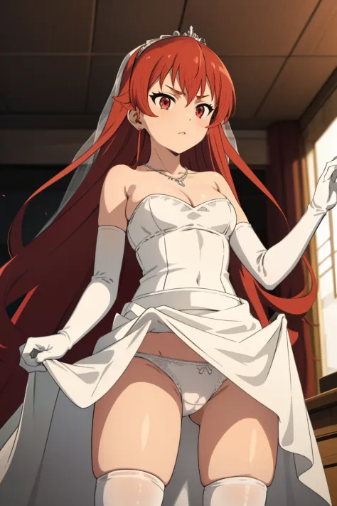 1girl, aaichika, tiara, bridal veil, necklace, cleavage, wedding dress, strapless dress, white dress, white gloves, elbow gloves, from below, skirt lift, white panties and sexy stockings, bare legs,, masterpiece, best quality, highly detailed, Long straigh...