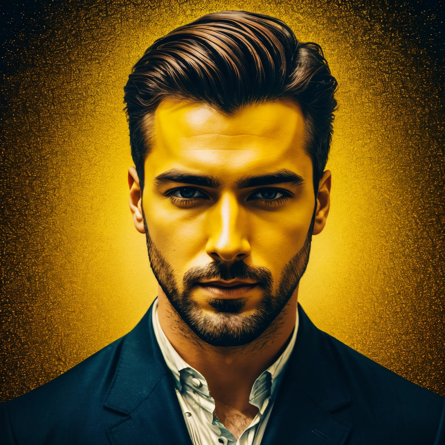 Insanely handsome man in the style of experimental photography, yellow, expanded portraiture, printed matter, uhd image, color light saturated, outdoor scene