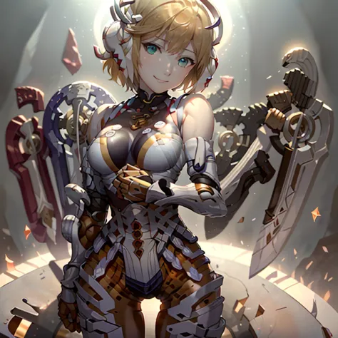 Fiorn、white mechanical body、Blonde shorthair、Holding twin swords、thigh