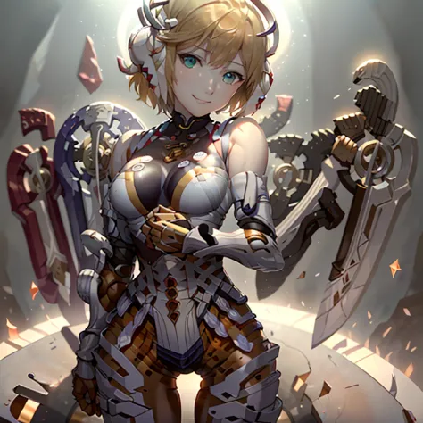 fiorn、white mechanical body、blonde shorthair、holding twin swords、thigh