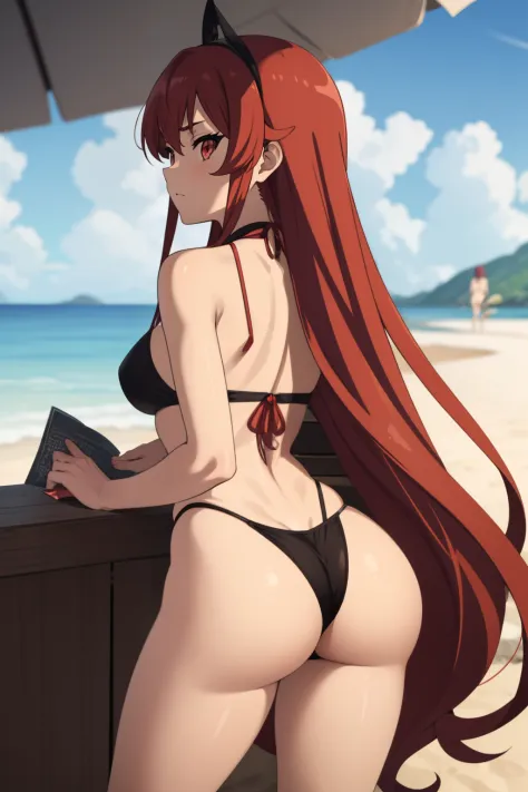 1girl, highleg panties, 
ass,  beach,, masterpiece, best quality, highly detailed, Long straight red hair, beautiful red eyes