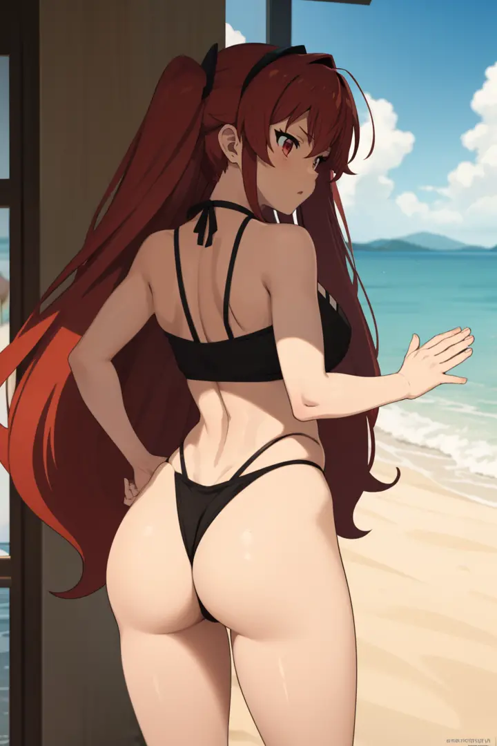 1girl, highleg panties, 
ass,  beach,, masterpiece, best quality, highly detailed, Long straight red hair, beautiful red eyes