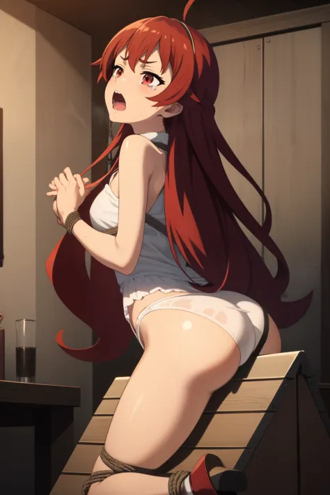 1girl, crotch rub, wooden horse, ass,
dungeon, bound, rope,, masterpiece, best quality, painful, scream, tears, highly detailed,Long straight red hair, beautiful red eyes