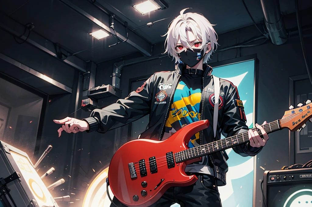 cowboy shot　cyberpunked　Playing electric guitar　A young man with short gray hair and red eyes.　Inside the live venue　cyberpunk blue jacket　Black pants　Black shoes　white  shirt　Expressionless future world　youth manga style　Anime style　masuter piece　Face-based illustration