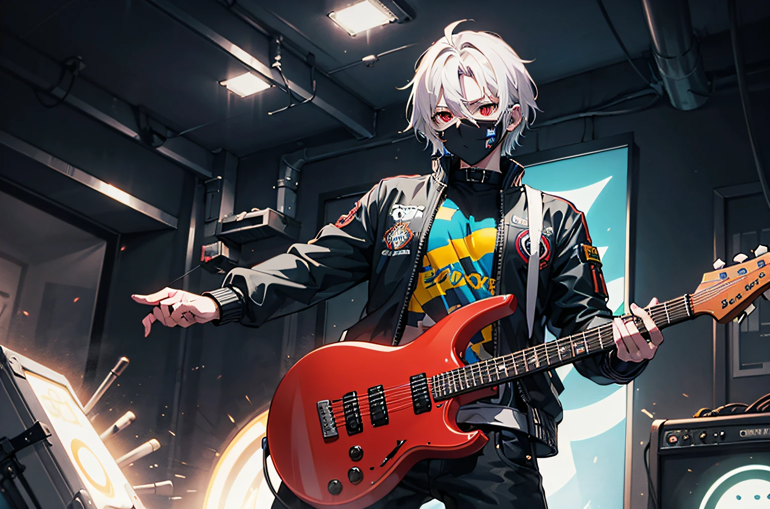 cowboy shot　cyberpunked　Playing electric guitar　A young man with short gray hair and red eyes.　Inside the live venue　cyberpunk blue jacket　Black pants　Black shoes　white  shirt　Expressionless future world　youth manga style　Anime style　masuter piece　Face-based illustration