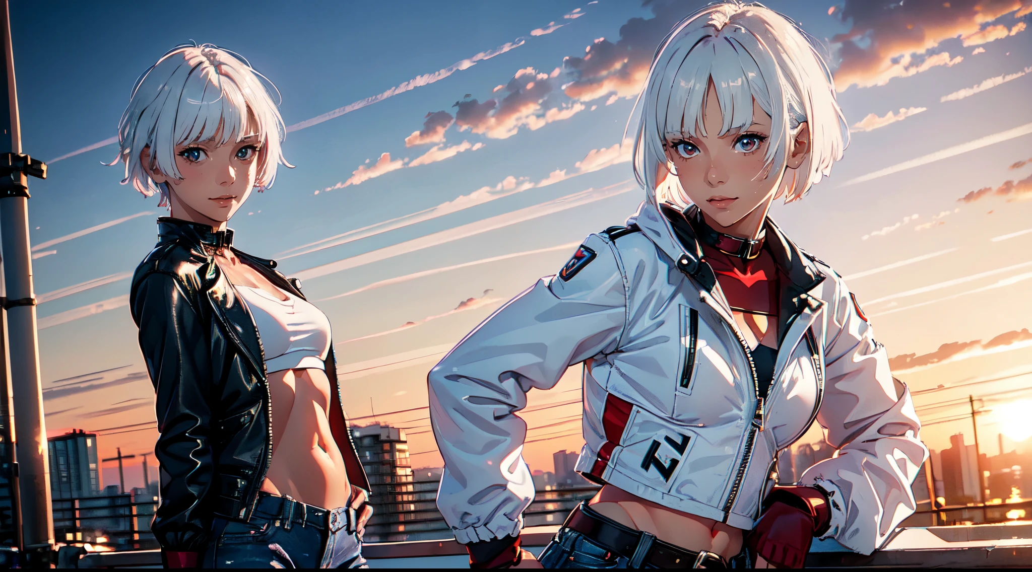 1girl, white hair, short hair, (red eyes), light smile, white top, (padded jacket), (bare belly), blue jeans, leather boots, (sunset), shibuya, beautiful lighting, masterpiece, best quality, low-angle shot, 8k.