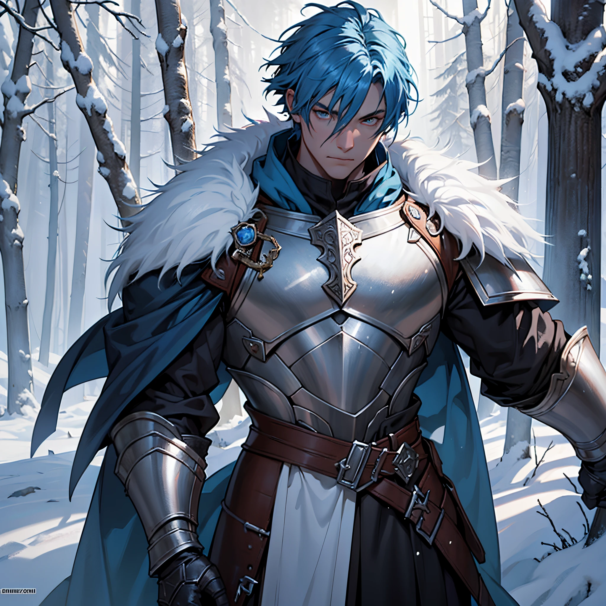 Anime character dressed in armor in snowy forest area with trees - SeaArt AI