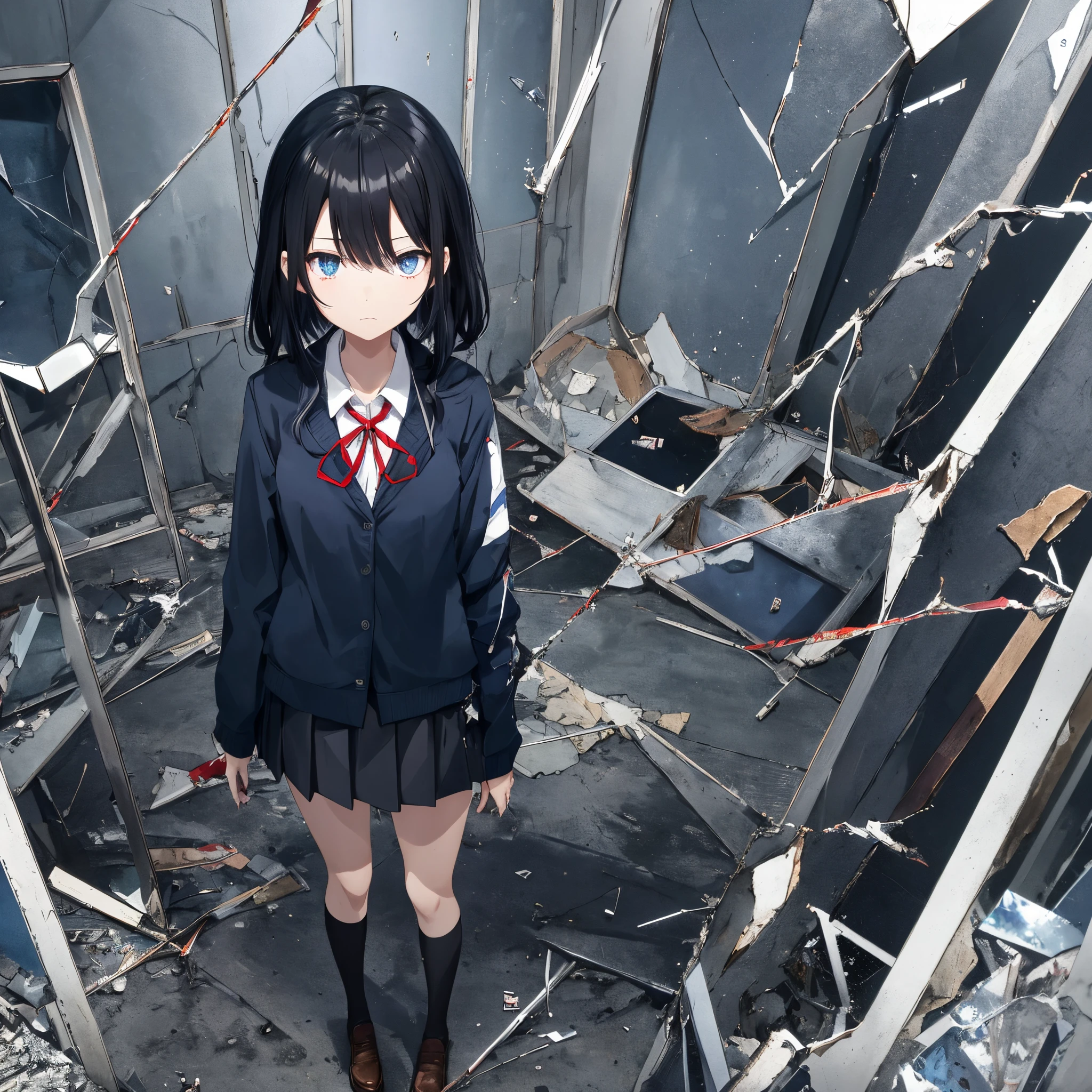 anime, black hair,  girl, blue jacket, blue eyes, darkblue skirt, red ribbon around the neck, full height, Full-length girl, beste-Qualit, Broken glass, shattered glass, glass broken into pieces, gloom, Blackness, Broken mirrors, The old premise