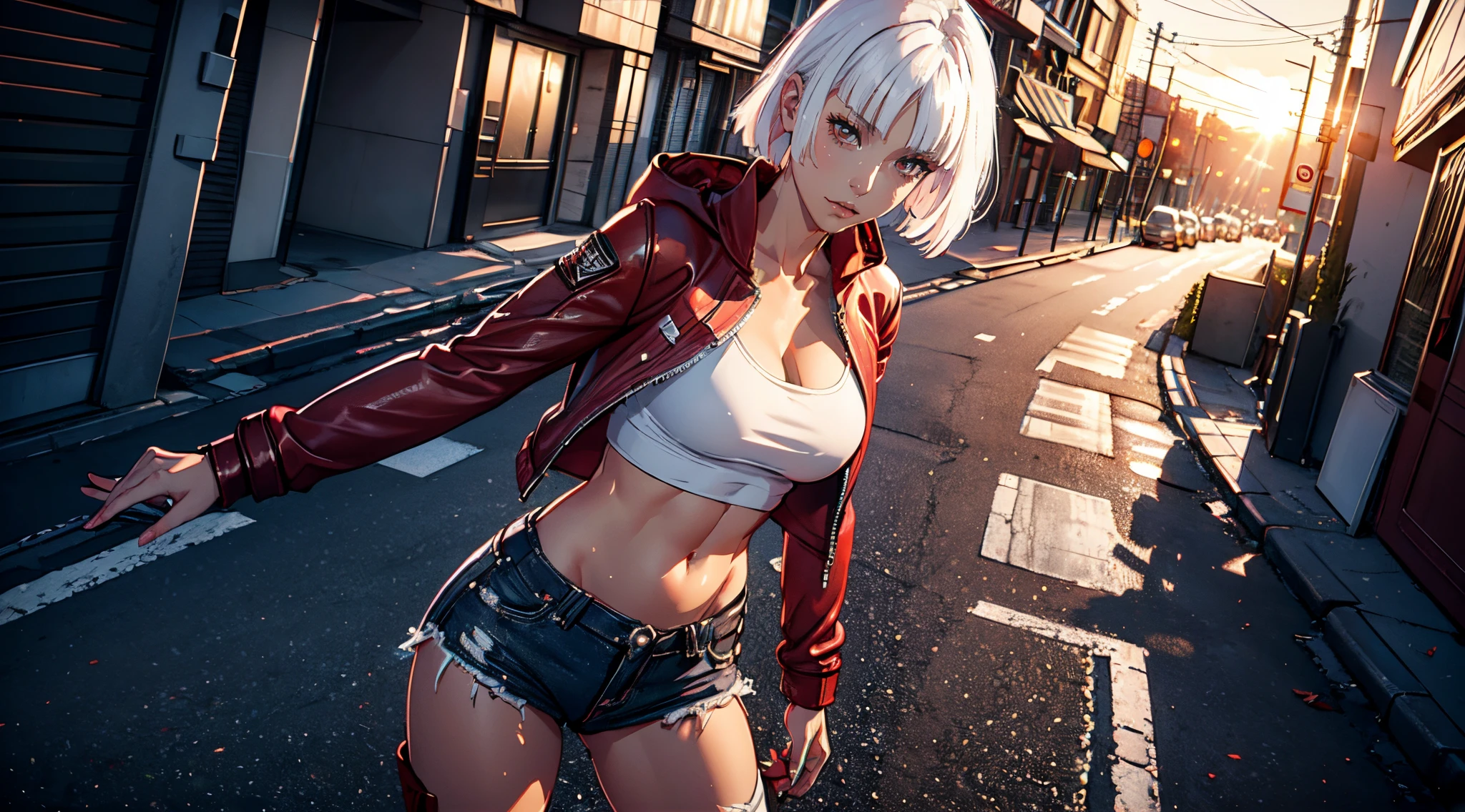 woman, 25 years old, white hair, short hair, (red eyes), white crop top, (padded jacket), (bare belly), ripped jeans, leather boots, (sunset), shibuya, beautiful lighting, masterpiece, best quality, low-angle shot, 8k.